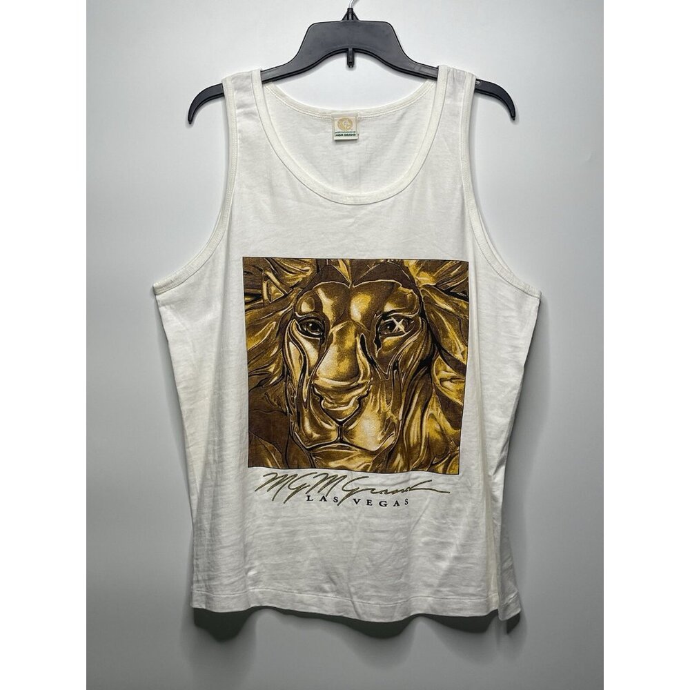 Vintage 1993 MGM Grand Las Vegas Tank USA Made White Gold Lion Sz L Casino